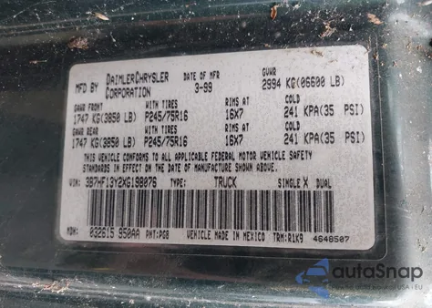 1999 Dodge Ram 1500 St из США, поврежденный, VIN 3B7HF13Y2XG198076